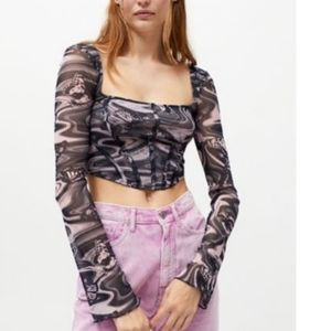 Mesh long bell sleeve, crop top, corset style Urban Outfitters top